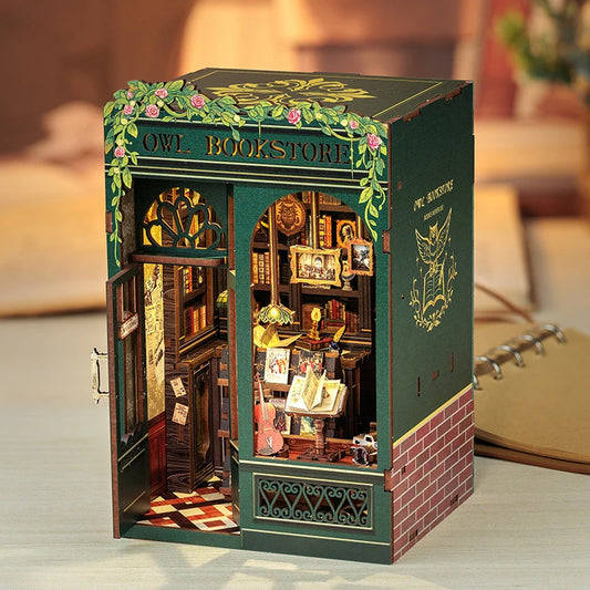 CUTEBEE DIY Book Nook Kit Miniature Wooden Dollhouse with Lights Bookshelf Insert 3D Puzzle Decor Model for Gifts Owl Bookstore