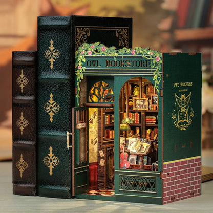 CUTEBEE DIY Book Nook Kit Miniature Wooden Dollhouse with Lights Bookshelf Insert 3D Puzzle Decor Model for Gifts Owl Bookstore